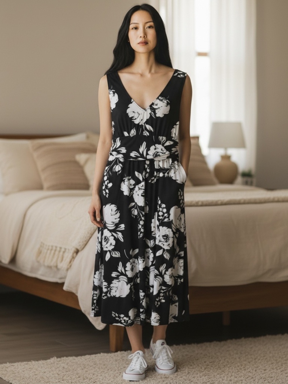 Calvin Klein Black & White Floral V-Neck Maxi Dress